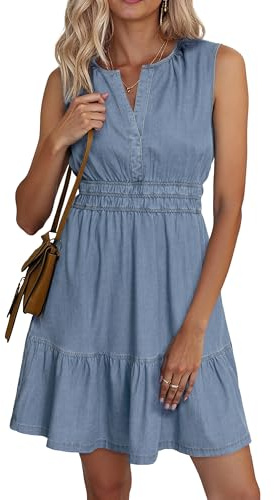 BerryGo Womens Denim Dress Sleeveless Summer Casual Jean Dress Tiered Cowgirl Country Mini Soft Light Chambray with Pockets (Light Blue L)