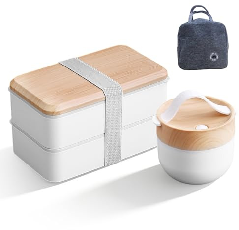 WIYETY Bento Box japonesa: fiambrera infantil de 1400 ml + cuenco de sopa de 600 ml con bolsa aislante, caja de desayuno, caja de desayuno, con cubiertos para adultos y niños, para el trabajo y la
