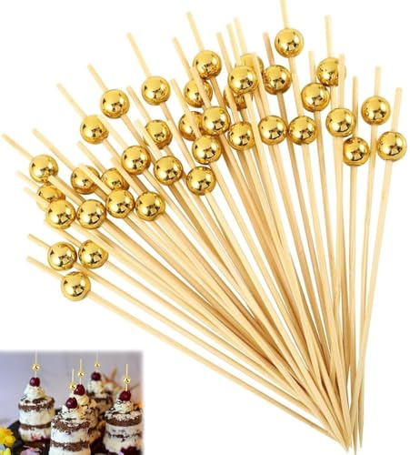 ZIOYANE 100 unidades de palillos para cócteles, brochetas de bambú galvanizadas para cócteles y aperitivos Accesorios para bufés y fiestas Aperitivos navideños (dorados)
