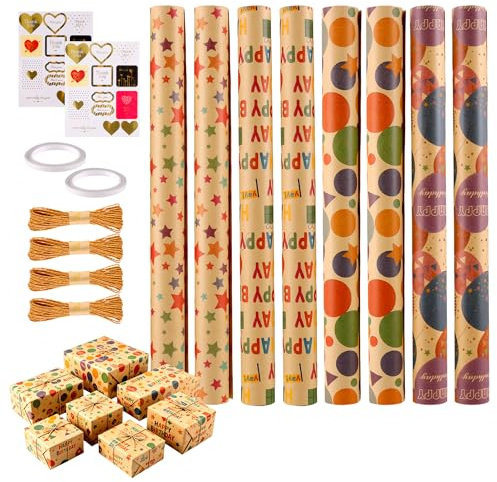 FAAING 8 rullar presentpappersset, 43 x 300 cm presentpapper födelsedag kraftpapper med hamparep och tejp, omslagspapper rulle för barns födelsedag bröllop jul