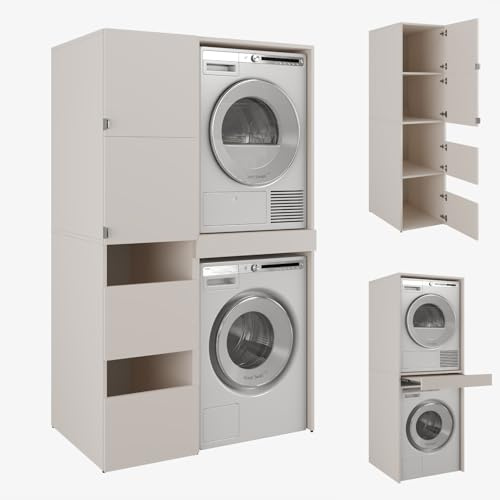 PLATAN ROOM - Armadietto alto per bagno, per lavatrice e asciugatrice, armadio per elettrodomestici da bagno, con ripiani, 187 x 65 x 45/66 cm, colore: cachemire, 111 cm (45+66)