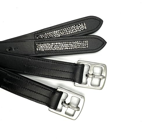 Equine Smile ES5011 stigbygel, lupin av läder med strass, högkvalitativt stigbygläder för dressyr och hoppning, elegant rem för stigbyglar (Swarz, 150 cm)