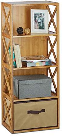 1 x Regal Bambus mit Korb, 4 Ablagen, Holz Standregal, Badregal, Faltbox, H x B x T: 105 x 42 x 29 cm, Natur braun