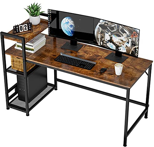 HOMIDEC Schreibtisch, Computertisch mit Bücherregal, Studiencomputer-Laptoptisch mit 4 Tier DIY Lagerregalen Schreiben Tisch für Home Office Schlafzimmer 140x60x110cm