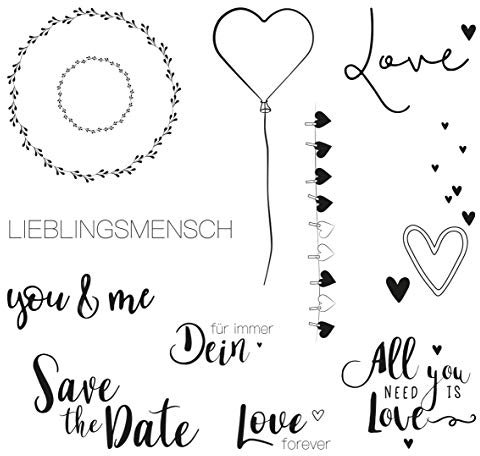 Rayher 50244000 Clear Stamps Liebesgrüße, Bogen 102.5x97mm. 12 Motives, klar, transparent, durchsichtig, Silikonstempel, Stempel Hochzeit