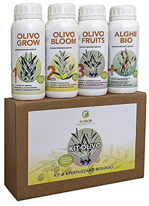 BIOBOB OLIVO Kit Fertilizzante Biologico per Olivi - 4 Flaconi di Concime per Ulivo concentrato per Tutte Le Fasi della Pianta – Adatto anche per piante in vaso