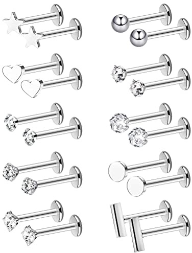 FUYOAL 20 Pieces Stainless Steel Nose Studs, Nose Piercing Jewelry Crystal Ball Silver Labret Tragus Earring Piercing Bars Set Unisex Gift for Women Men