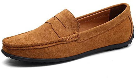 Muyin Driving Moccasins for Men Genuine Leather Round Toe Stitching Details Suede Vamp Rubber Sole Penny Loafer Lightweight Resistant Flexible Anti-Slip (Color : Brown, Size : 9 UK)
