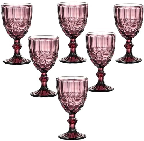 Weingläser im Vintage-Stil, 284 ml, farbige Glas-Wasserkelche, einzigartiges geprägtes Muster, hochklare Stiel, Glaswaren, Hochzeit, Party, Bar, Glas-Trinkbecher, Blumenmuster, Violett, 6 Stück