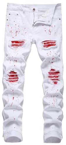 OIIIO Men's Patch Ripped Stretch Regular Fit Jean (38, 6624 White)