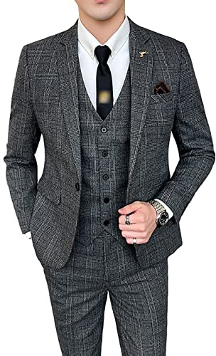 3 Piece Checked Suit for Men Slim fit 1 Button Business Wedding Prom Suits Blazer Tux Vest Trousers Tuxedo Set (Dark Grey,M)