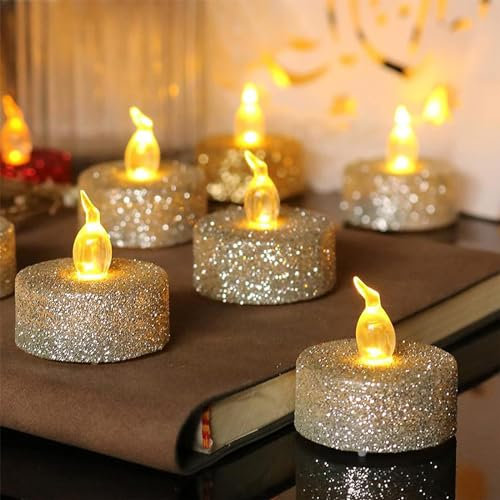 Silver Glittering Led Tealight Candles,12-Pack Warm Yellow Battery Flickering Fake Tea Lights Realistic Flameless Tealights for Christmas,Easter,Halloween,Wedding,Party,Festivals ect Decorations