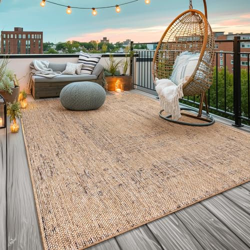 TT Home In-& Outdoorteppich Wetterfest Garten Terrasse Esszimmer Unifarben Moderner Boho Style Abstrakte Optik, Farbe:Beige Ocker, Größe:200x280 cm