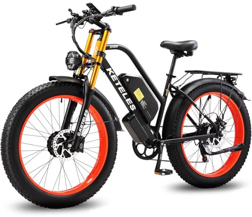KETELES E-Bike für Herren mit Doppelmotoren, 26 Fat Reifen E Bike, Doppelschulter-Vordergabel E Mountainbike, 48V 23Ah Akku, Damen Fahrrad mit 7 Gang Schaltung und LED Farbdisplay(Höhe über 175cm)