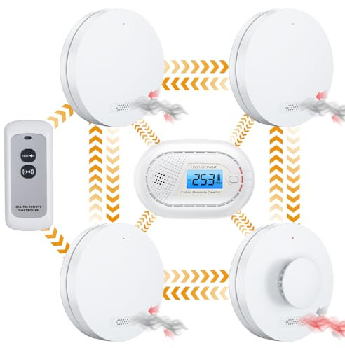 Détecteur de fumée, de Chaleur et de monoxyde de Carbone sans Fil interconnecté avec Pile de 10 Ans, télécommande, certifié CE pré-connecté - 5 pièces
