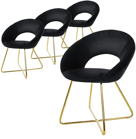 ML-Design matsalsstolar set om 4 sammet, svart, vardagsrumsstol med runt ryggstöd, stoppad stol med gyllene metallben, ergonomisk matbordsstol, köksstol skalstol toalettbordsstol