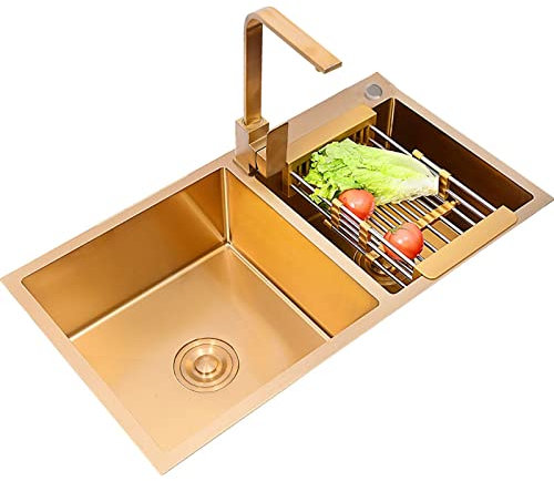 Küchenspülen, Doppelwaschbecken, goldene Edelstahlspüle, inklusive quadratischem Gold-Wasserhahn-Zubehör und Seifenspender, Montage auf der Oberseite und bündige Montage (Farbe: Gold, Größe: