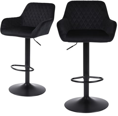 ralex-chair Barhocker 2er Set, Höhenverstellbare Drehbare Barhocker aus Samtstoff, Frühstücks-Esshocker mit Rückenlehne und Armlehne für Bar, Theke und Küche, Schwarz