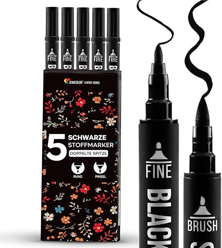 Zenacolor 5 Pintura Textil Negros de Doble Punta Permanentes para Ropa - Rotuladores Textiles para Personalizar Camisetas, Bolsos, Gorras, Lienzos y Textiles