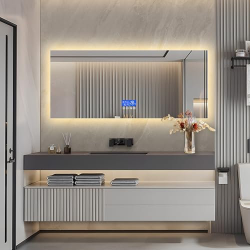KeepGoon Badezimmerspiegel mit Beleuchtung,60x140cm,Mit Temperaturanzeige,Defog-Funktion,dreistufige Helligkeitseinstellung,rechteckig Spiegel,ohne Rahmen,kein Schleifen,Bathroom Mirror