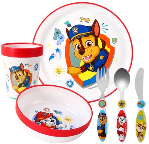 Kids 6 Piece Reusable Dinner Set - Plate/Bowl/Cup/Knife/Fork/Spoon - Childrens Dinnerware Tableware Cutlery Set (Paw Patrol)