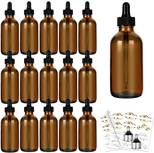 HYCKee 16 Pack (120 ml) 4 oz Amber Glass Boston Bottles with Glass Eye Droppers, Dropper Bottles for Essential Oils & Lab Chemicals & More Liquids Ideal for Mom & Friends
