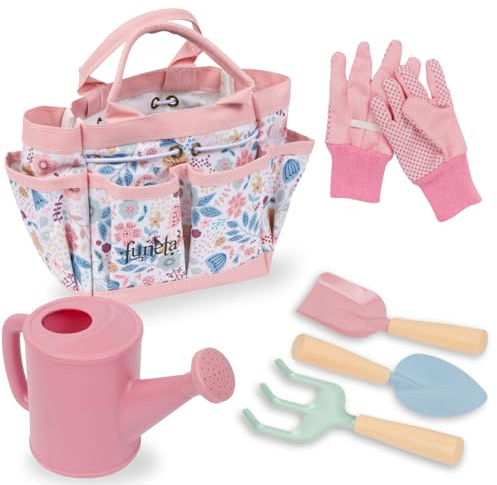 Kids Gardening Set with Watering Can - Toddlers Outdoor Gardening Kit with Planting Gloves, Shovel, Rake, Pink Tote Bag - 6PCS Kids Plant Growing Kit STEM Learning Gardening Gift for Kids & Toddlers