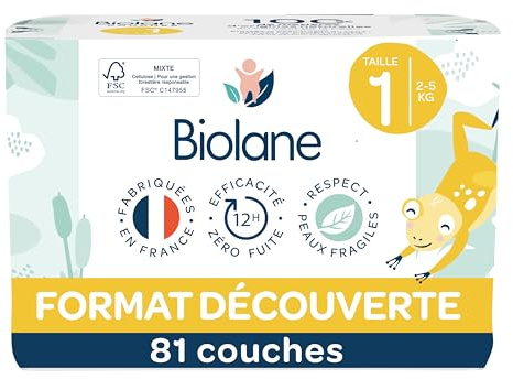 BIOLANE - Couches bébé taille 1 - (2-5 kg) - Peaux Sensibles - Ultra-Absorbant, Pas de Fuite, jusqu'à 12h au Sec - Confort & Protection - Demi pack 81 couches - Fabriqué en France
