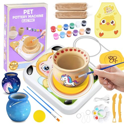 Fizzyo Pottery Wheel for Kids - Pottery Studio Arts & Crafts Kit for Kids Ages 8-12 with 2 Pack Painting Kit Air Dry Clay, Mini Clay Making Pottery Wheel with Foot Pedal for Girls Boy Birthday Gift