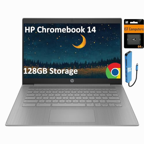 HP Chromebook 14 Laptop (14 Anti-glare, Intel 4-Core Celeron N4120, 4GB RAM, 128GB Storage (64GB+64GB SD)) for Home & Student, Lightweight, 14-Hr Battery Life, Webcam, Wi-Fi, IST HUB, Chrome OS, Grey
