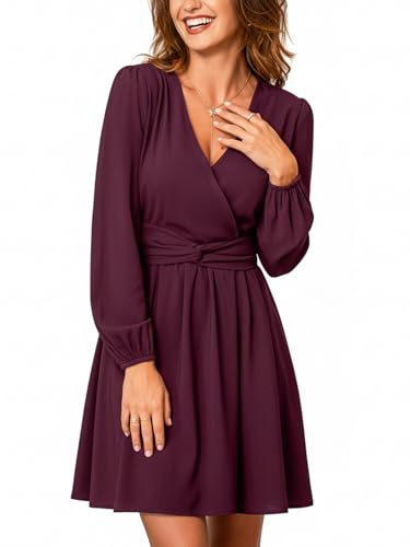 CUPSHE Women Mini Casual Dress Long Sleeve V Neck A-Line Elegant Cocktail Party Dress Flowy Wedding Wrap Dress Deep Plum Purple M