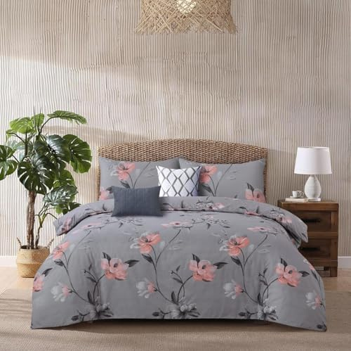 4 Piece Duvet Set - Soft Printed Bedding Set Hypoallergenic Microfiber Duvet Cover - Double Bedding Set - Duvet Cover, Fitted Sheet with Pillow cases (Blossom Grey, Double)