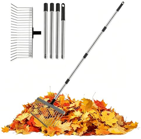 Rastrillo de jardín de metal con mango de acero inoxidable de 160 cm y 21 dientes, rastrillo de jardín de 40 cm de ancho, rastrillo pequeño para jardín, césped, arbusto, hierba, mantillo, rastrillo