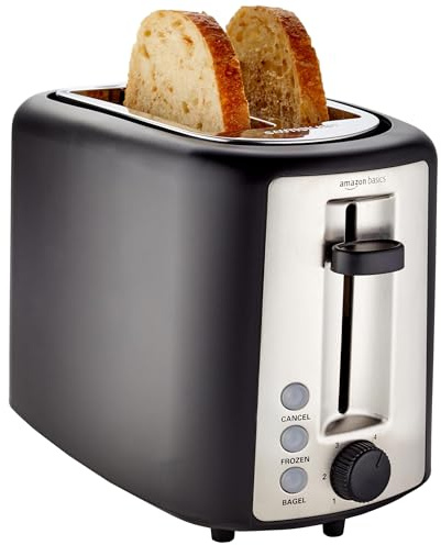 Amazon Basics 2 Slice Toaster, Extra Wide Slots for Bagels, 6 Browning Settings, Removable Crumb Tray, Defrost/Cancel/Bagel Buttons, Cord Wrap, 900W, Black & Silver