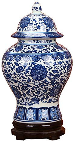 ufengke Jingdezhen Klassische Blaue und weiße Porzellan-Blumen-Tempel-Ingwer-Vase, chinesischer Ming-Stil, Höhe 38 cm, Blau, Weiß
