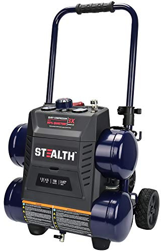 Stealth Quiet Air Compressor with Wheel, 64 Decibel 4.5 Gallon Peak 1.3 HP Max 150 PSI, Oil-Free Air Pump, 3 CFM @ 90 PSI Portable Air Compressor for Garage, Workshop, Jobsite SAQ-1413