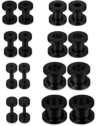 Lcolyoli Screw Fit Ear Gauges Kit Surgical Steel Tunnel Expander Earrings Earlobe Plugs Stretching Body Piercing Jewelry Set for Women Men 14G 12G 8G 6G 4G 2G 0G 00G 8 Pairs Black