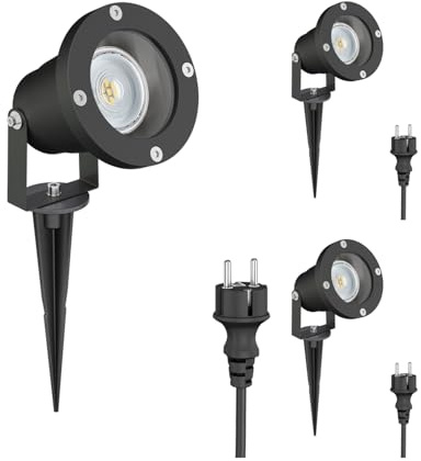 ledscom.de 3 st LED-trädgårdsstrålkastare DUK, svarta, med jordspett för utomhusbruk, aluminium, inkl. LED-lampa GU10 (varmvitt, 5,4 W, 510 lm, 45°)