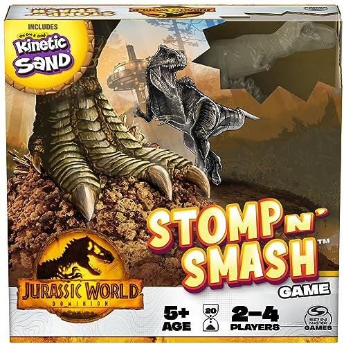 Jurassic World Dominion, Stomp N’ Smash Board Game Sensory Dinosaur Toy with Kinetic Sand Jurassic Park Movie Family Game, for Kids Ages 5 & up
