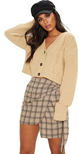 Crazy Girls Women's Ladies Long Sleeve 3 Button Cropped Chunky Aran Cable Knitted Grandad Cardigan (8-10, Beige)