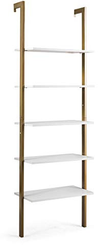 GIANTEX Eatantería Escalera de 5 Niveles, 61 x 30 x 183 cm, Estructura de Metal y Estantes de Madera, Estilo de Industrial Retro, Estantería de Pared para Salón, Dormitorio, Baño (Blanco+Dorado)