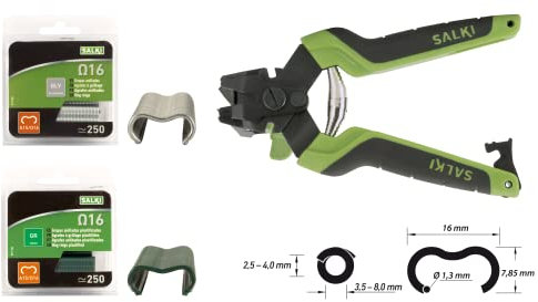SALKI Pack Agrafeuse de Clôtures FSK 16C + Agrafes Oméga Galva et Vert (250+250)