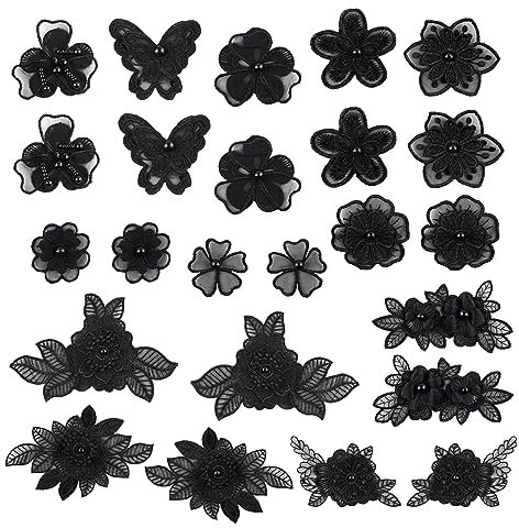 Belvanr Schwarz Spitze Aufnäher 24 Stück Applikation mit Blumenstickerei Spitze Applique Sticker Aufnäher Applikation Flicken Stickerei Spitze Applikationen Blumen Patches DIY Kleidung Applique