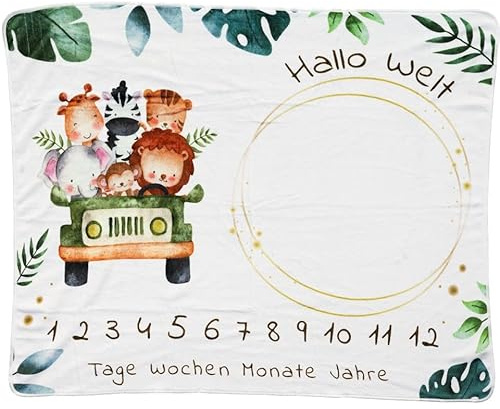 kreativherz - Premium Baby Meilenstein Decke Tier-Motiv „Safari“ 120x100cm extra Weich nach OekoTex geprüft - Meilensteindecke Monatsdecke für Baby & Kinder - Babydecke Decke für Neugeborene