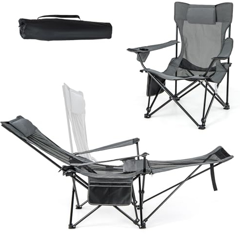 COSTWAY Silla Plegable Camping, Silla de Acampada Portátil 2 en 1, Reposapiés Desmontable, Respaldo Ajustable, Portavasos y Reposacabezas, Bolsa De Almacenamiento, Silla Camping Pesca, Picnics (Gris)
