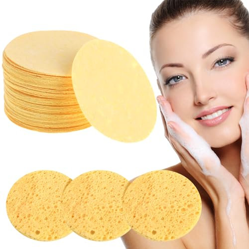 Compressed Facial Sponges, 50-Count Disposable Turmeric Cleansing Facial Pads, 100% Natural Reusable Cosmetic Spa Sponges for Washing Face, Facial Cleansing, Exfoliating(Round)