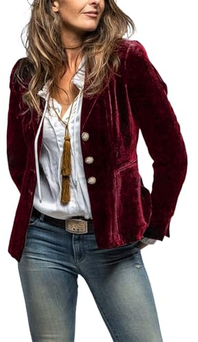 MINTLIMIT Damen Samtblazer, langärmelig, gekerbtes Revers, Knopfleiste vorne, taillierte Strickjacke, Anzugjacke, Blazer, weinrot, XL