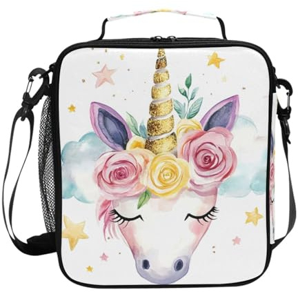 UMIRIKO Kids Lunch Bag Watercolor Unicorn Face Glitter Horn Insulated Lunch Box with Shoulder Strap for School Toddler Boys Girls Reusable Cooler Tote Bag Thermal Meal Kit 202c1015