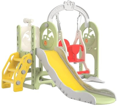 Toboggan pour Enfant 6 en 1 avec Panier de Basket,Toboggan Intérieur et Extérieur Enfant,Balançoires, Échelles D’Escalade, Jumelles, Toboggans, Paniers de Basket, Espace de Rangement