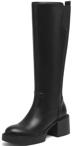 Women's Knee High Boots Chunky Block Heel Boots Stretch Calf Round Toe Side Zipper Platform Tall Boots Fall Comfort Long Boots Black 11